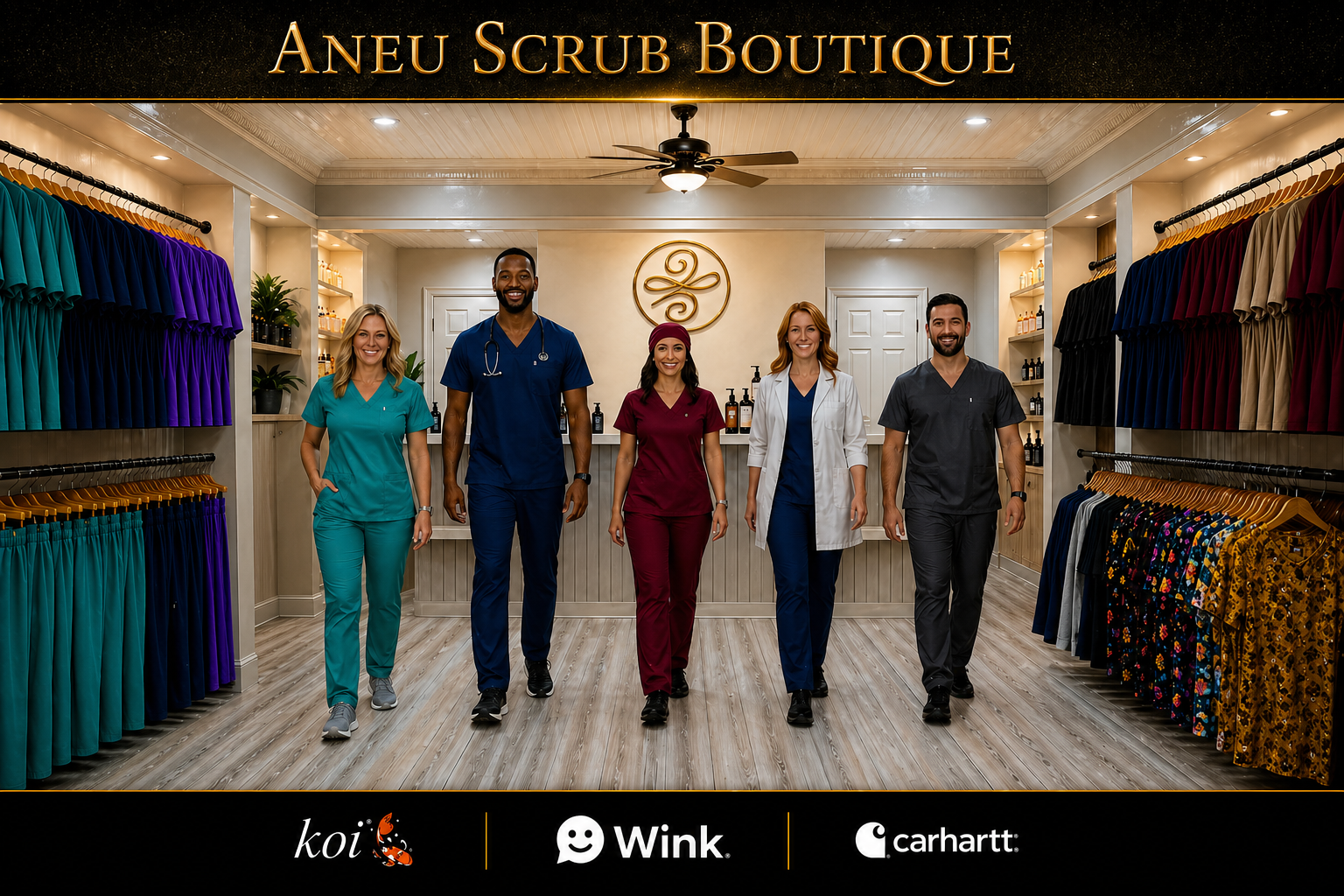 Aneu Scrub Boutique storefront display with healthcare professionals wearing premium scrubs.